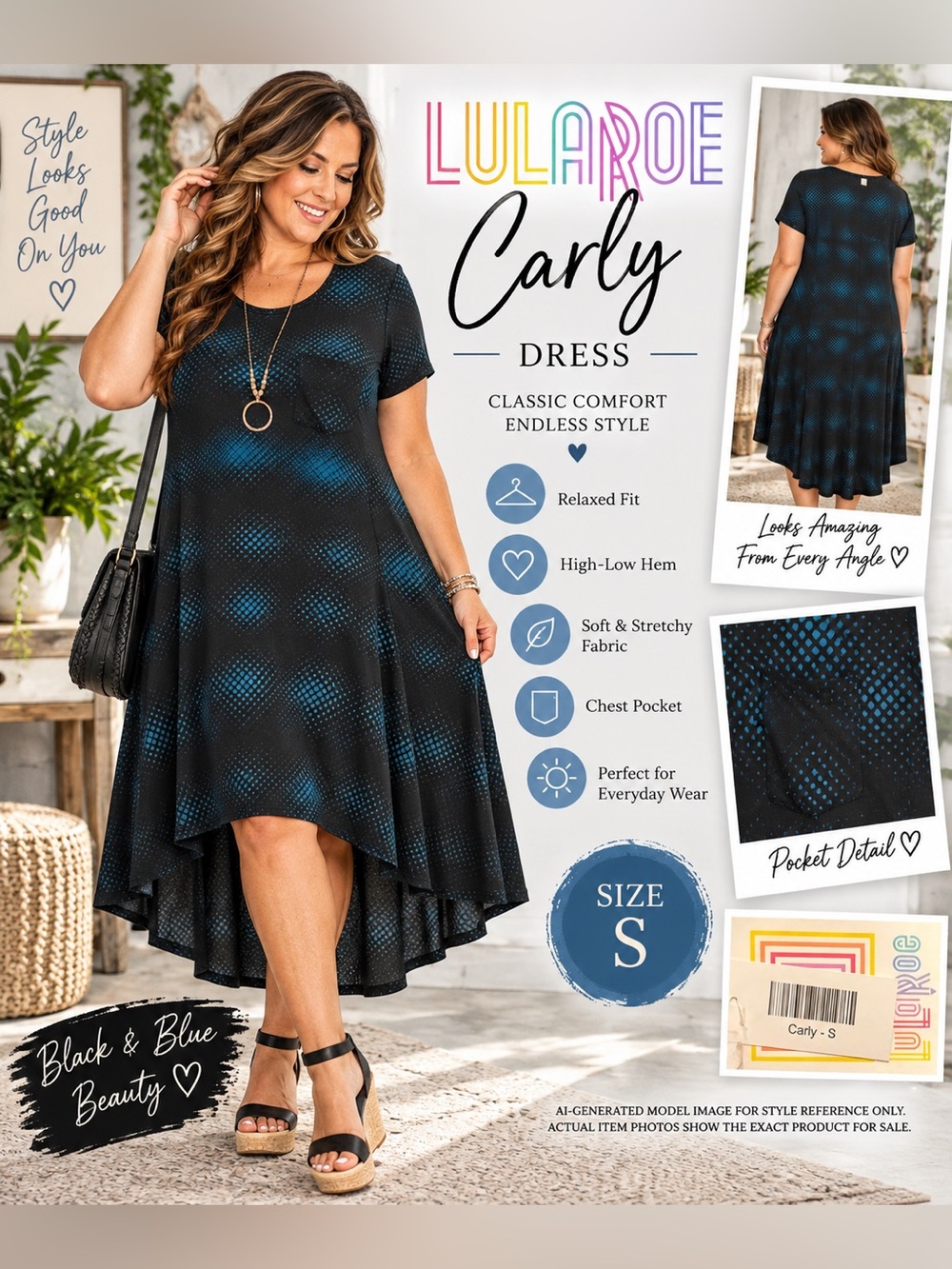 LULAROE CARLY BLACK & BLUE HIGH-LOW SWING DRESS • SMALL